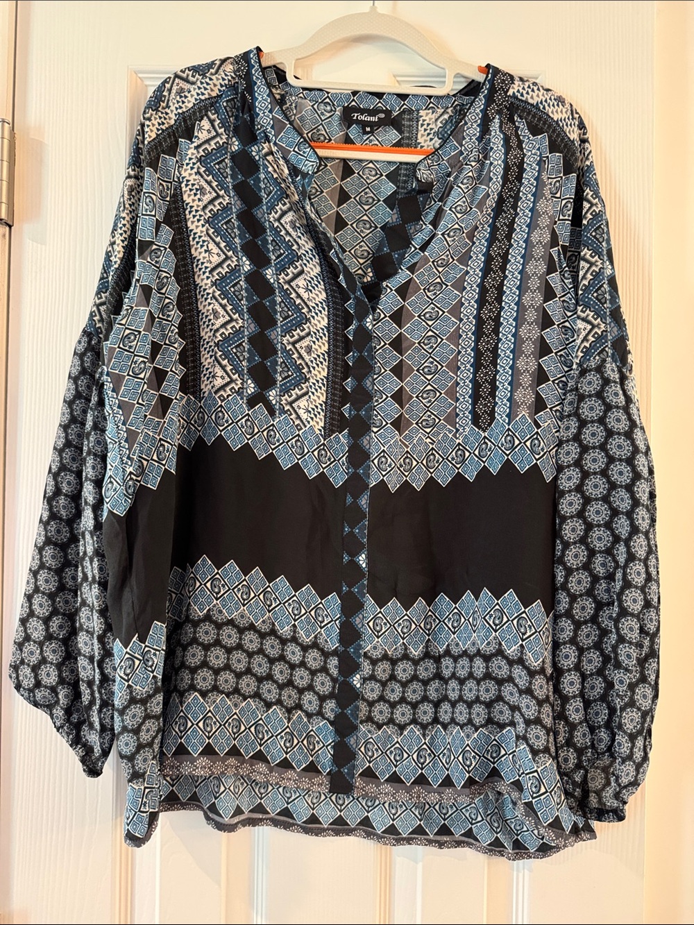Tolani Black and Blue Geometric Print Tunic Silk Top